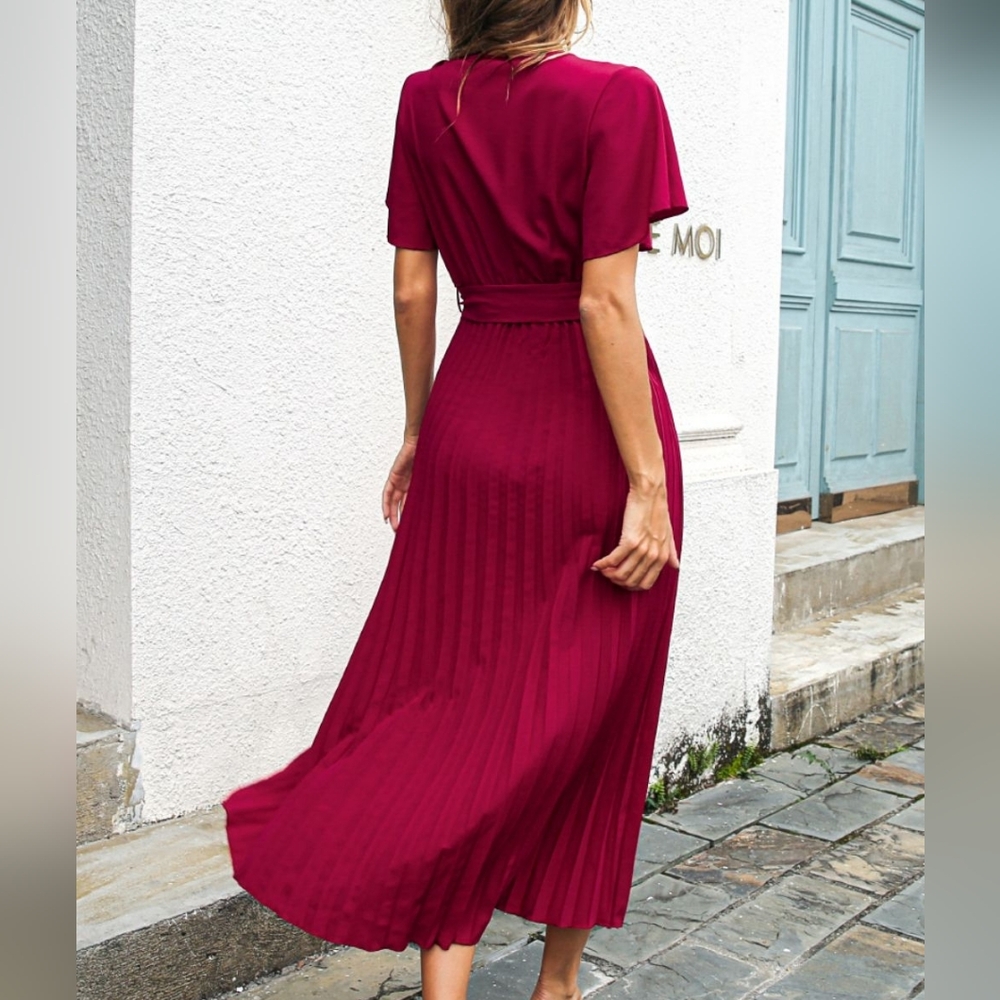 Wine Belted Surplice Midi Dress - Picture 2 of 9